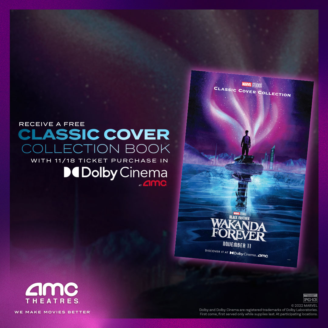 AMCTheatres's tweet photo. Get an exclusive collection of classic comic covers when you see Marvel Studios’ BLACK PANTHER: WAKANDA FOREVER on 11/18 in Dolby Cinema at AMC. https://t.co/7PL8Y1B2RI https://t.co/osNn8zMBnI