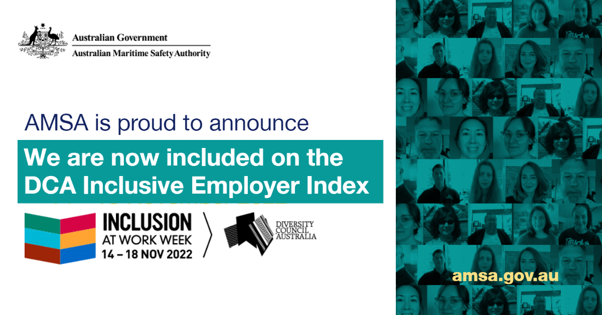 AMSA_News's tweet image. 84% of our staff feel they are valued team members, 5% above the Australian workforce benchmark. This is one of the reasons AMSA is now on the DCA’s Inclusive Employer Index. #AMSA #CleanSeasSavingLives #InclusionAtWorkWeek