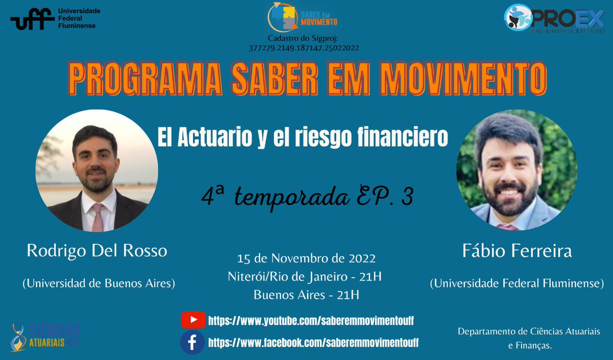 No ano q o Saber em Movimento faz 5anos nova entrevista sobre Atuariais: El Actuario y el riesgo financiero é o título da conversa q o convidado é o atuário Rodrigo del Rosso (professor da UBA e chefe de modelagem de risco do Banco de Valores/ARG). Assista youtube.com/saberemmovimen…