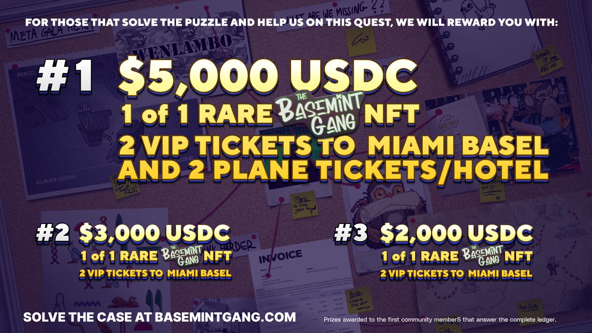 Want to win cash during the crash? 💸
Crack the code and earn up to $5000 USDC 🔥

The final clue in the MetaGala investigation will be released on Wednesday at 10am PT/1pm ET on basemintgang.com/puzzle

The first 3 ppl to post their winning screen will win the prizes below🕵️