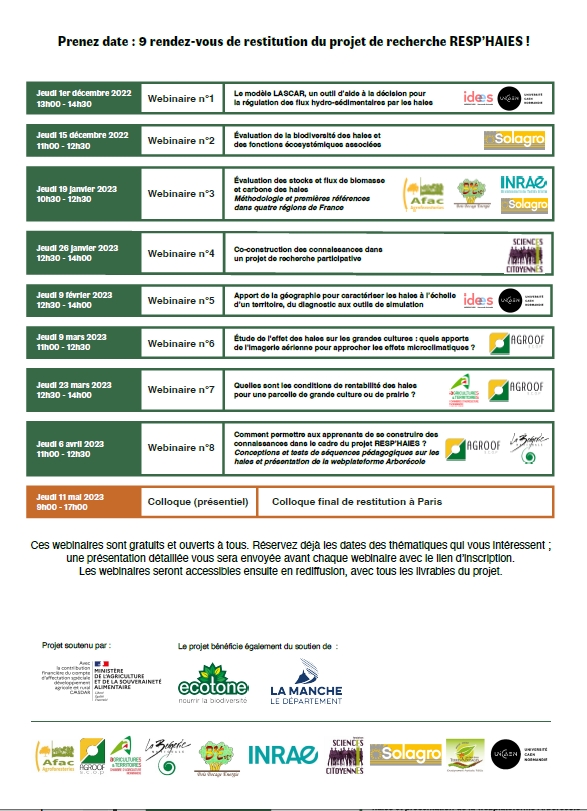 cdurox's tweet photo. https://t.co/LoKWDYk96v 9 RDV à noter pour restituer les résultats de ce projet #RESPHAIES du 1er décembre 22 au 11 mai 23 (8 webinaires, 1 colloque) @leRMTagrofo @afacagrofo #Haies #Agroforesterie #Eau #Biodiversité #Carbone #Biomasse #Economie #Microclimat #EnseignementAgricole https://t.co/YvmfvQ3ecO