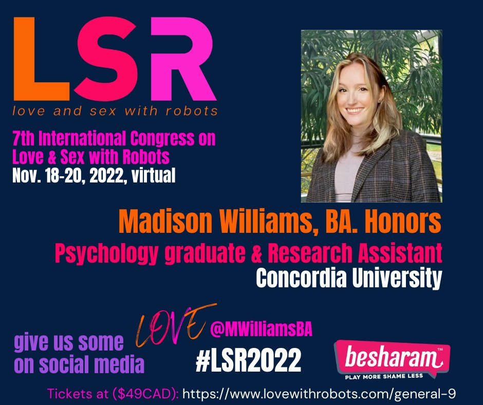 lovewithrobots's tweet photo. Join us November 20th, 11:25am EST, at #LSR2022 for a presentation by Madison Williams, BA.Honors, titled 'Would You Have Sex with a Robot? Just Asking the Question Influences the Answer.'

Register at ($49CAD): https://t.co/WOpDvanW7N

#Methodology #Sex #Robots #Survey #Effect https://t.co/GD9VP52Zm1