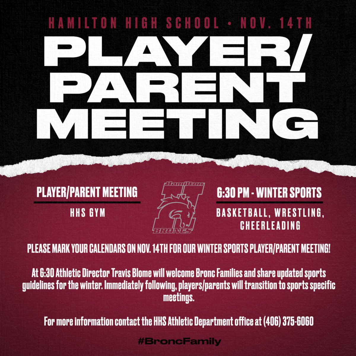 Winter Sports Parent/Player meeting is tonight at 6:30pm in the Gym. #GoBroncs #BroncFamily