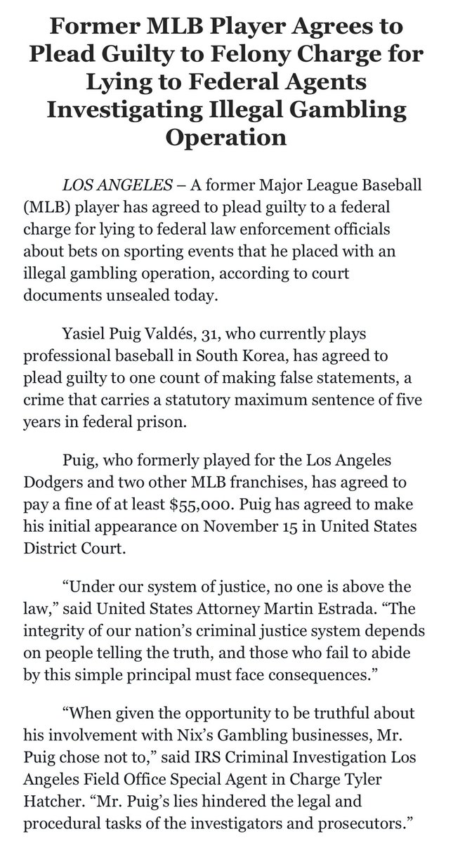 ByRobertMurray's tweet photo. Yasiel Puig has agreed to plead guilty to felony charges after lying to federal agents investigating an illegal gambling operation. It carries a maximum sentence of 5 years in federal prison. https://t.co/d70BwmxgkC https://t.co/CPHjrIBYv2