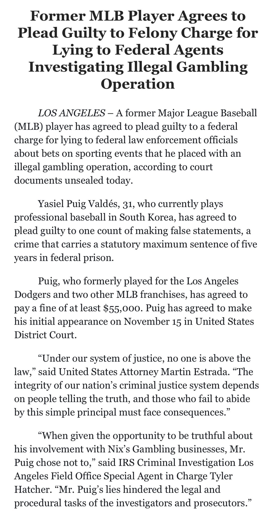 [情報] Yasiel Puig做偽證 面臨最高5年刑期