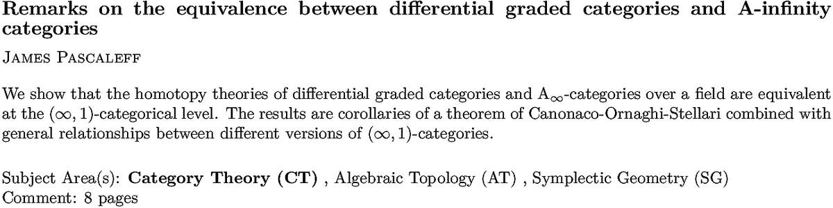 arxiv.org/abs/2211.05861…
J Pascaleff
Remarks on the equivalence between differential graded categories and
  A-infinity categories