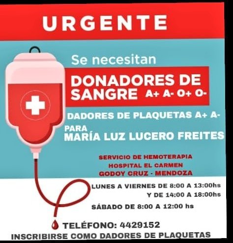 Se solicitan DADORES DE SANGRE, para la adolescente María Luz Lucero Freites, la familia es oriunda de #MALARGÜE. 
Presentarse en el Hospital del Carmen de #GodoyCruz - #Mendoza. RT 🙏🙏🙏🙏🙏🙏