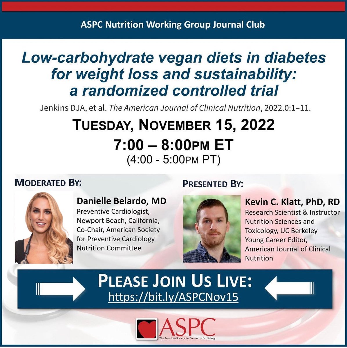 Honored to have brilliant nutrition scientist &amp; good friend <a href="/KCKlatt/">Kevin C. Klatt, PhD, RD</a> for our  fantastic <a href="/ASPCardio/">ASPC</a> CardioNutrition JC tomorrow, to discuss Jenkins study published in <a href="/AJCNutrition/">American Journal of Clinical Nutrition</a> on low carb vegan diets in DM for wt loss, &amp; sustainability! Join us live: bit.ly/ASPCNov15