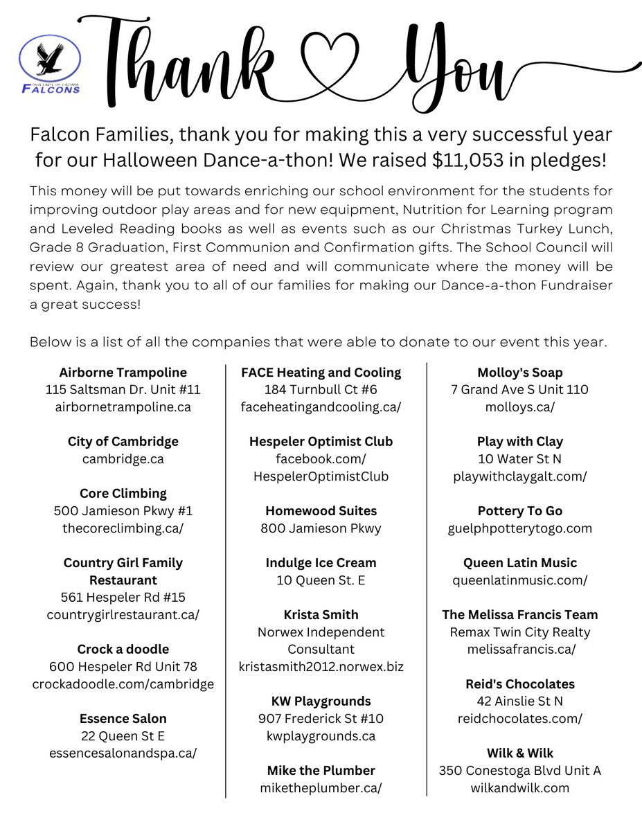 We just wanted to say thank you to all the sponsors of our Halloween Dance-a-thon!  Our event was a huge success and we couldn’t have done it without you!

Our students raised just over $11,000 in pledges from family and friends!