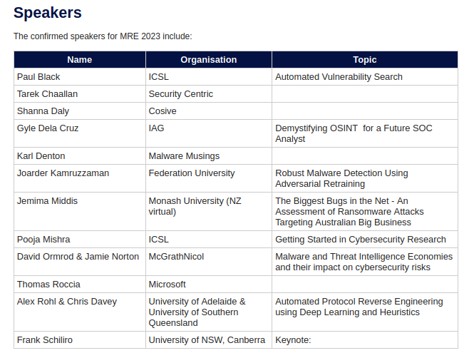#malware #cybersecurity MRE 2023, 20-21st Feb, at Microsoft, Southbank Melbourne. We have some great speakers. Let me know if you are free to speak. <a href="/fancy_4n6/">Shanna Niggans 🦄</a> <a href="/GyledC/">Gyle 🌻🇵🇭🇦🇺 8x💉 Taking it one day at a time..</a> <a href="/RedPiranhaSec/">Red Piranha</a> <a href="/BSidesCbr/">BSidesCanberra</a> <a href="/BSidesMelbourne/">BSides Melbourne</a> <a href="/williballenthin/">Willi Ballenthin</a> <a href="/80sDweeb/">Scott Williams, the CyberDweeb</a> <a href="/DSI_VIC/">Defence Science Institute (DSI)</a> <a href="/oceania_cyber/">Oceania Cyber Security Centre (OCSC)</a> <a href="/ComfyConAU/">ComfyCon AU</a>
