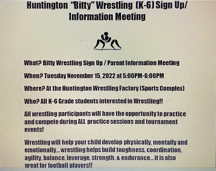 Bitty Wrestling Informational Meeting
Tuesday, November 15th from 5-6 at the Wrestling Building.