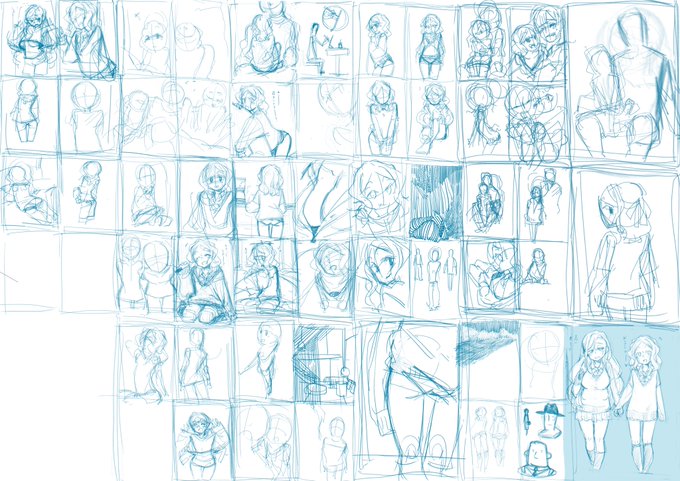 結局大ラフきるの A3キャンパスにこれぐらい詰め込んじゃってる。なんかちっちゃく描くのが好きなんだよな… 
