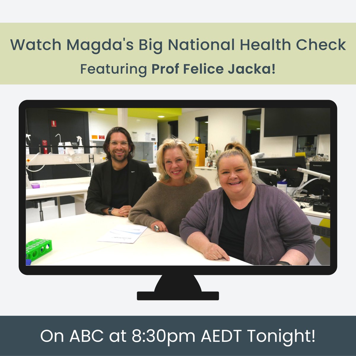 foodmoodcentre's tweet photo. Tonight on the ABC at 8:30pm AEDT, @FeliceJacka will be on Magda’s Big Health Check! You can watch the show live or on ABC iView. @MagdaSzubanski @SandroDemaio #NationalHealthCheck #YourMoveABC https://t.co/l4m1RQR7yg