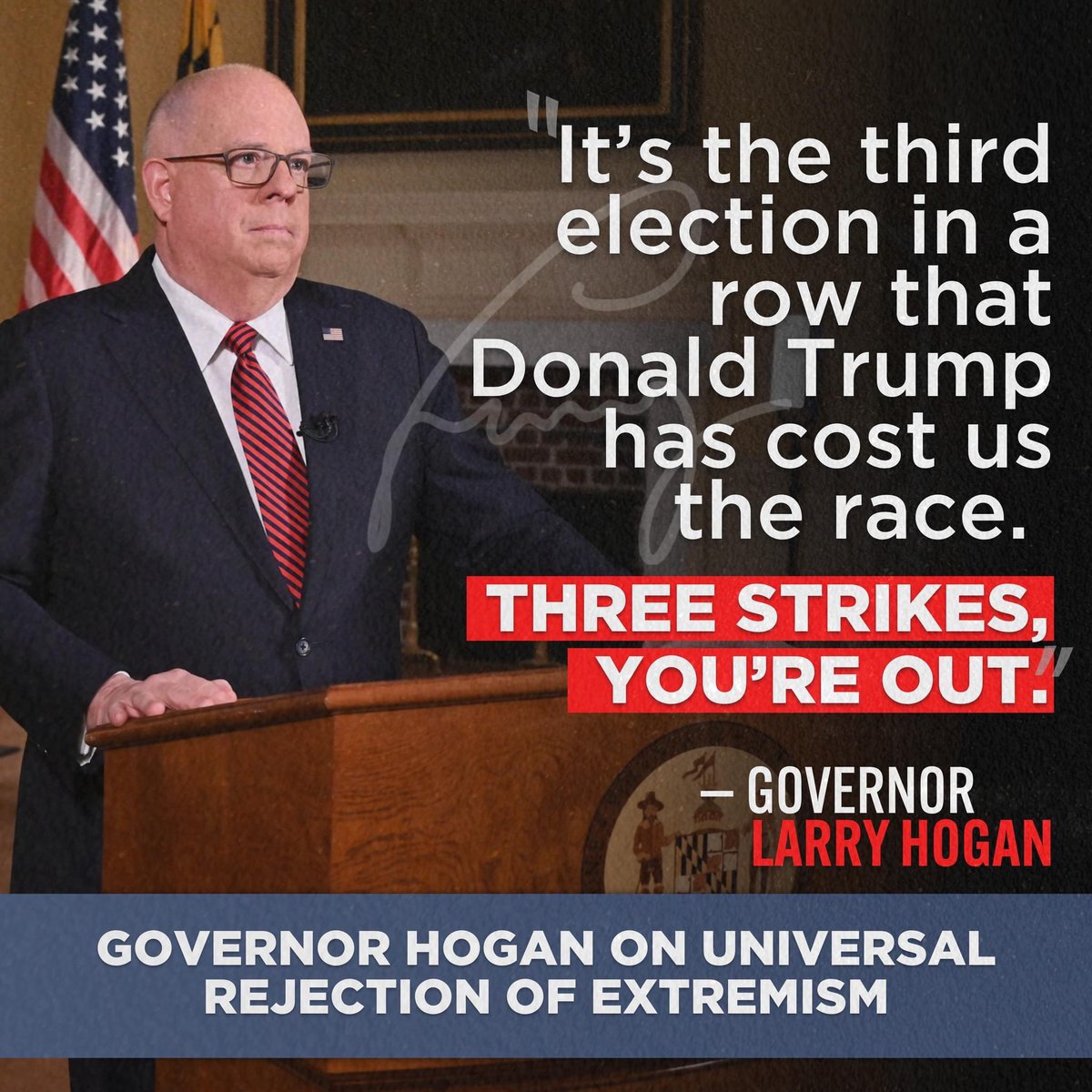 LarryHogan's tweet photo. While common sense conservative candidates who focused on the issues won, candidates who focused on conspiracy theories and talking about things voters didn’t care about were universally rejected. It’s the third election in a row that Trump has cost us. Three strikes, you’re out. https://t.co/WVQ6ugmvp2