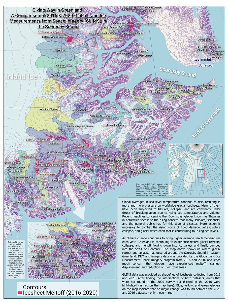 NateSuggestions's tweet photo. Taking a break from being told what to do on the #30DayMapChallenge. Decided to look at the Glacial Land Ice Measurements from Space icesheet shapefiles from 2016-2020 in the Scoresby Sound of eastern Greenland.
 Icesheet displacement and meltoff is up. 
#gis #noaa #nasa https://t.co/Lc03VqoZ4o