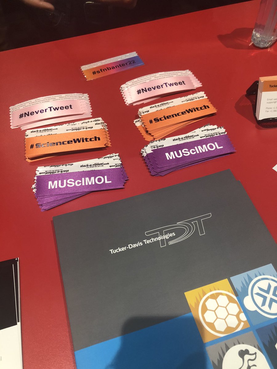 sfnbanter's tweet photo. Want to grab #NeverTweet #ScienceWitch and #MUScIMOL badge ribbons all together? You can do that at our sponsor @TDTneuro booth 2221. Act fast before they are gone! See you all at #sfnbanter22 tonight! https://t.co/vVUb5eUIHS