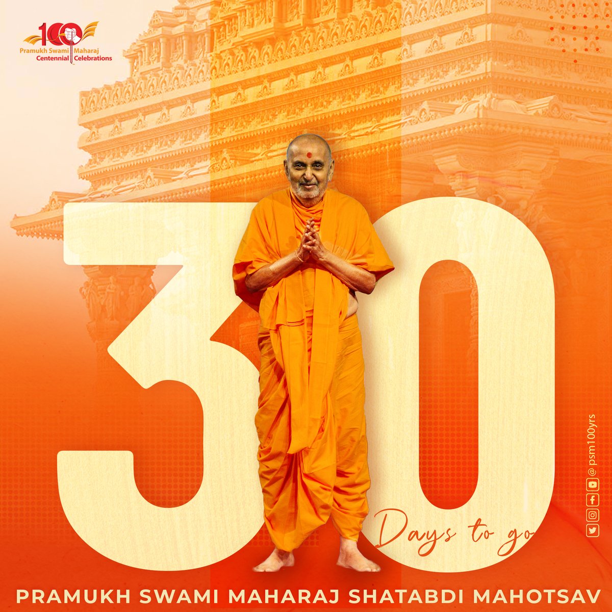 BAPSEvent's tweet photo. Pramukh Swami Maharaj Shatabdi Mahotsav, 30 Days to go
#baps #psm100 #swaminarayan #shatabdi #pramukhswami #pramukhswamimaharaj #psm100yrs https://t.co/7lAGzRiOfM