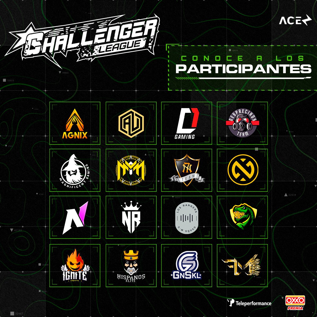 ⚡️ ¡ Aquí los equipos que competirán en ACE Challenger League!
#AgnixGaming, <a href="/AurumX_/">Aurum</a>, <a href="/D1Gamingoficial/">D1 Gaming</a>, #FazeDespreciados,<a href="/EmGEsports_/">EmG Magnificent Gaming</a>, <a href="/ClanMFAM/">TEAM MM 🇲🇽</a>, <a href="/N7GAMINGG/">N7 GAMING</a>, <a href="/NeotericGG/">Neoteric</a>, <a href="/NostalgiaGnesis/">𝐍𝐨𝐬𝐭𝐚𝐥𝐠𝐢𝐚</a>, #nR, #LosRangers, #KLND, <a href="/esport_ignite/">IGNITE</a>, #HispanosFake, @GnSklOficial_, @FusionMexaGG