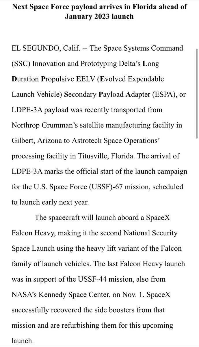Eric Berger on Twitter "US Space Force says its next Falcon Heavy mission is on track for a