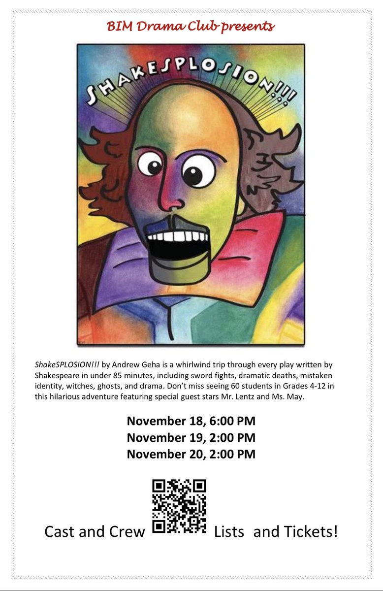 BASISIndMcLean's tweet photo. Only 5 days before our fall play- ShakeSPLOSION! This production features the talents of 55 students in Grades 4-12 as well as special guest appearances. Tickets can be purchased through the attached QR code.
#bim #basisindependentmclean #fallplay #shakesplosion #dramaclub https://t.co/IGmLRumceQ