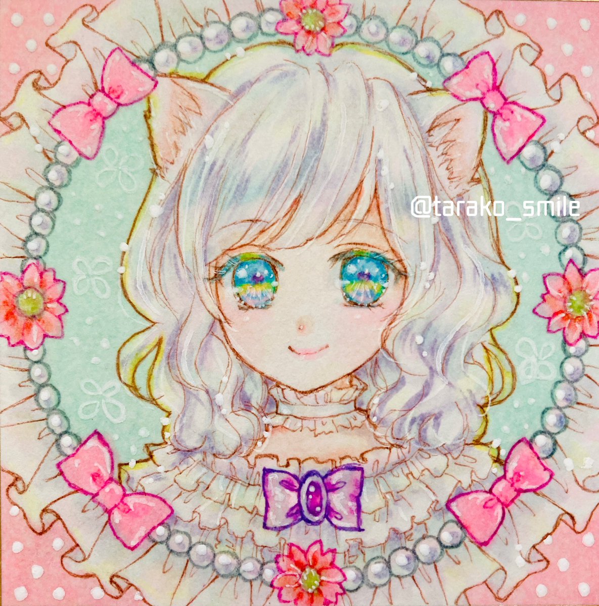 1girl solo animal ears bow blue eyes smile frilled choker  illustration images