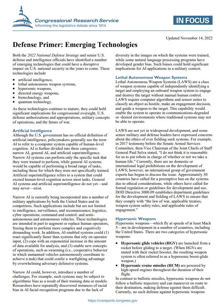 supbrow's tweet photo. CRS Report on Emerging Technology in Defense
#DivestToInvest
In case you want to see the future tech that they are funding & focusing on instead of the shipbuilding that is required today.🤞🤞
@cgberube @Navy_Hipple @BDHerzinger @NavMechEng https://t.co/x1wT0Ic8nx