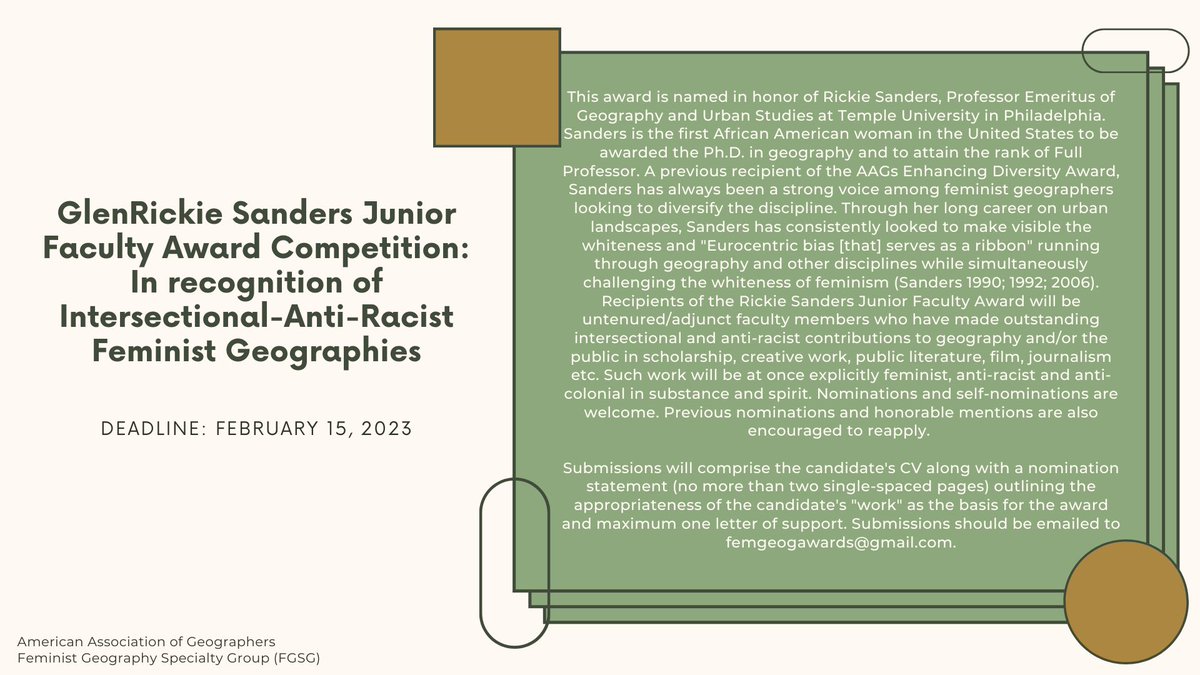 🧵📢We're pleased to announce the following awards (below)! Please share with your networks and consider nominating your colleagues and yourselves!

❓Please direct questions to Denise Goerisch, Emily Mitchell-Eaton, and Araby Smyth at femgeogawards@gmail.com