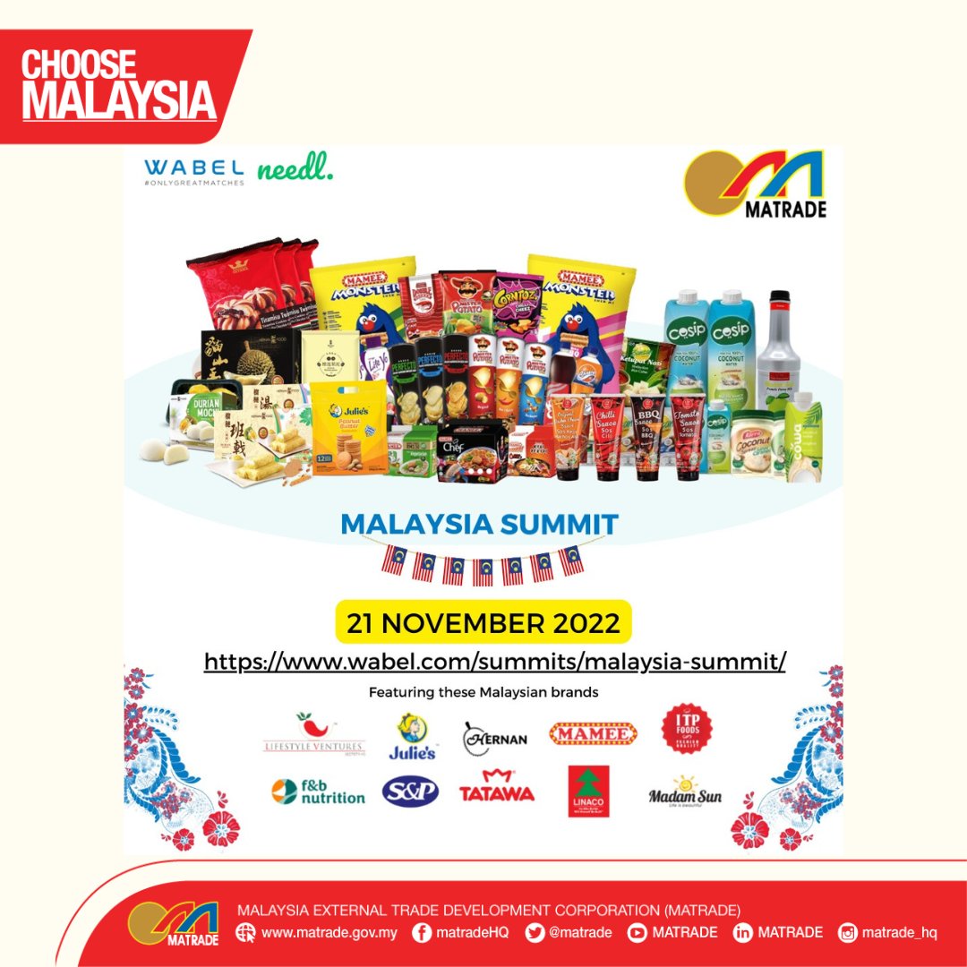 MATRADE through its eBizlink Programme is proud to debut the virtual Malaysia Summit on 21 November 2022, on wabel.com. This initiative will facilitate European sourcing communities searching for reputable F&amp;B products.
