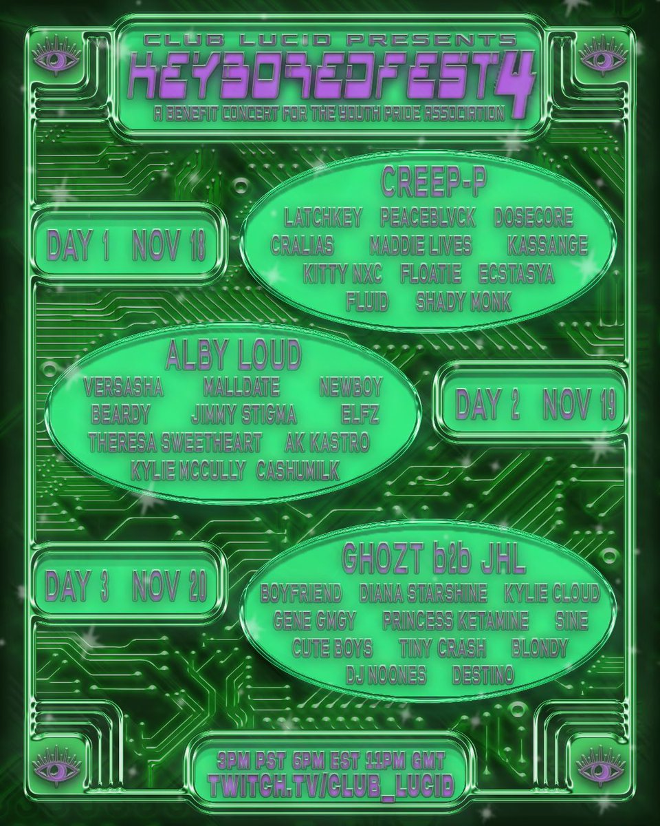 CLUB LUCID PRESENTS…
KEYBOREDFEST4
A BENEFIT CONCERT FOR <a href="/YPApride/">Youth Pride Association</a>
THIS FRIDAY, SATURDAY, &amp; SUNDAY
3 DAYS
36 ARTISTS