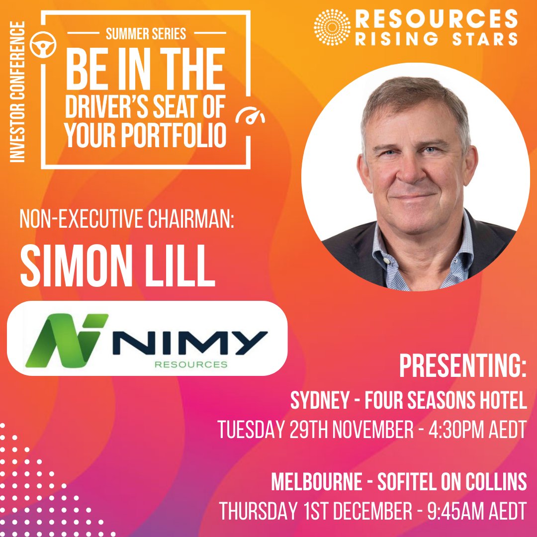 nimyresources's tweet photo. π£ Calling all Sydney & Melbourne Investors!
(ASX:NIM) Non-Executive Chairman, Simon Lill is presenting at Resources Rising Stars Summer Series in Sydney & Melbourne.
β°REGISTER NOW https://t.co/DTLRWwmNUj
#Nimyresources #nimy #ASX #Exploration #monsnickelproject #readcorporate https://t.co/KUx8uprIKe