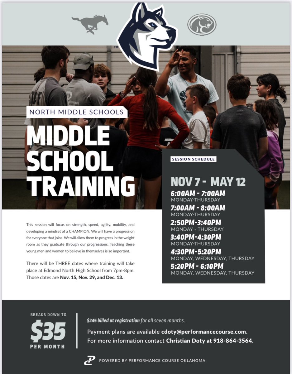 Cheyenne &amp; Sequoyah MS athletes!!!! You can get into the Performance Course Training (male &amp; female) for FREE on the 3 Edmond North nights: 11/15, 11/29, and 12/13 from 7-8 pm at the ENHS Football Fieldhouse! For more info: contact cdoty@performancecourse.com