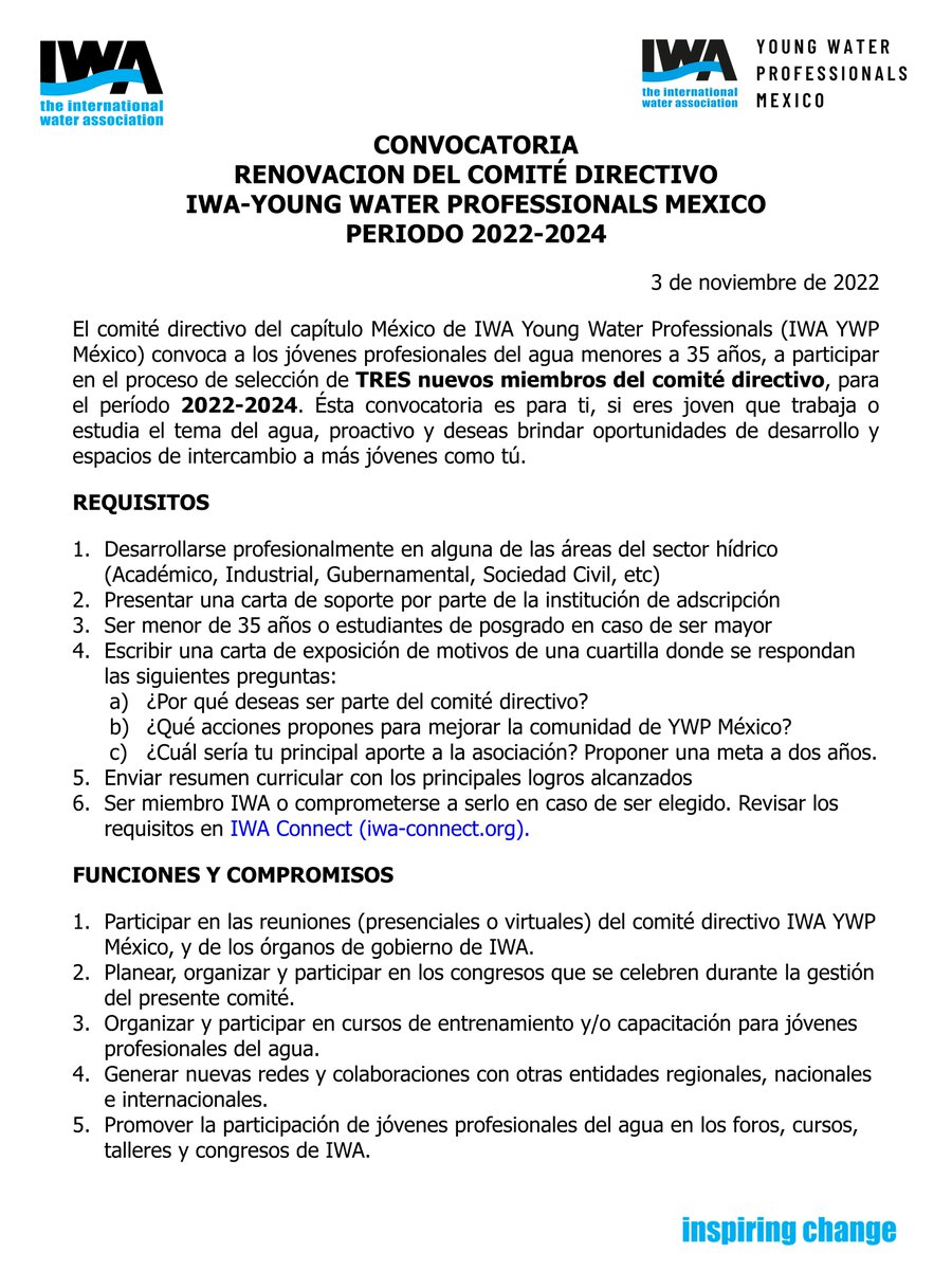 YWPMexico's tweet photo. 💧🌎¡AVISO!

Les recordamos la invitación para formar parte del grupo directivo del #YWP @iwaywp #México

📝Fecha límite: 30/11/2022

📩Enviar los requisitos a: ywpmexico@gmail.com 

Más información:
https://t.co/mN9lFxZ49A
https://t.co/MWMnjsGPKq https://t.co/pSdAauMB0B