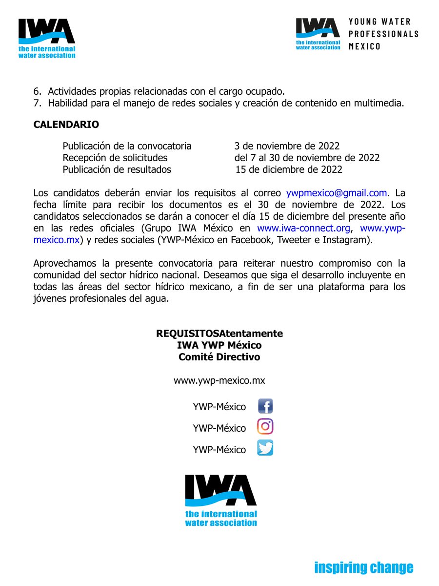 💧🌎¡AVISO!

Les recordamos la invitación para formar parte del grupo directivo del #YWP <a href="/iwaywp/">IWA YWP</a> #México

📝Fecha límite: 30/11/2022

📩Enviar los requisitos a: ywpmexico@gmail.com 

Más información:
iwa-connect.org
ywp-mexico.mx