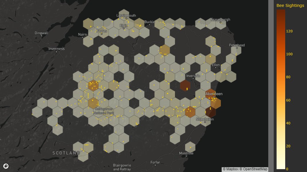 DataScienceNot2's tweet photo. #30DayMapChallenge day 14 - #hexagons
mapped 2011 #bee sightings in northeast Scotland in #hexbin format using #python #plotly and #mapbox
#DataScience #DataVisualization https://t.co/1nek6GiYgh