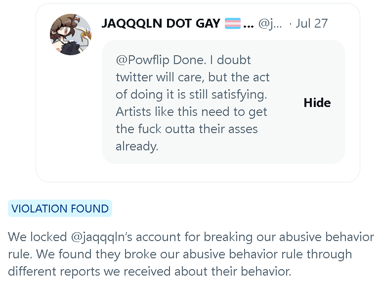 Timeforjackie's tweet photo. This person wants to gaslight her followers into believing her time-out was "dunking on one rich guy" and not the truth. That she has a consistent pattern of violent threats and cruel, defamatory, baseless accusations against other artists. https://t.co/qaBvjD84vi