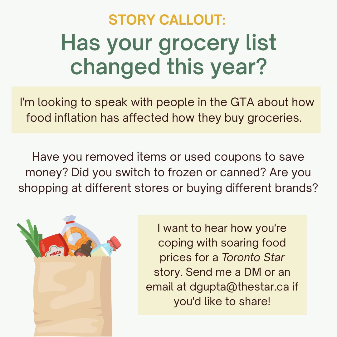 I'm writing a story about how people's grocery lists have changed with inflation for <a href="/TorontoStar/">Toronto Star</a>. Please share and send me a message/email if this is you, thanks! 🥦