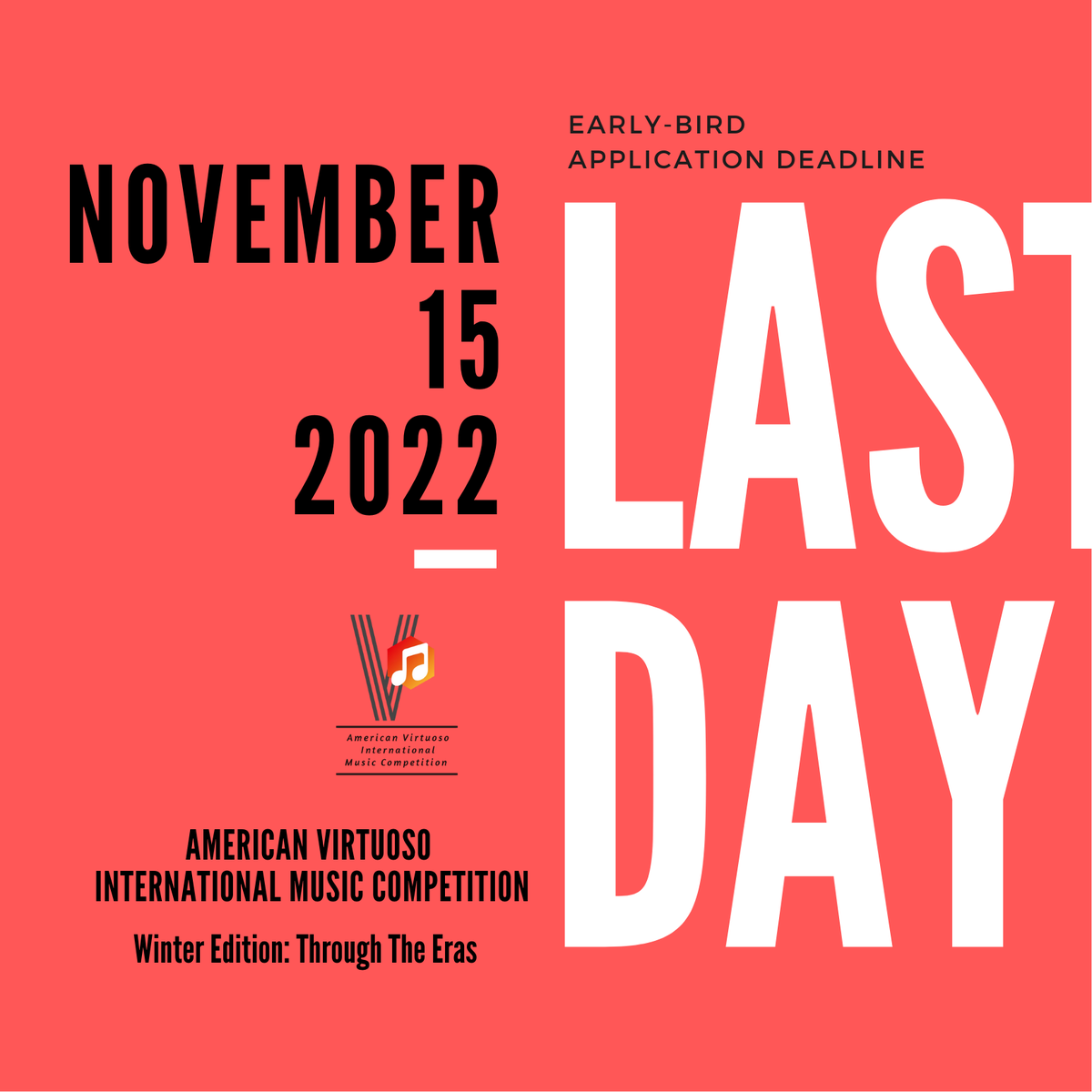 November 15 is the last day for the Early-Bird to apply. Apply at avimc.org  😉