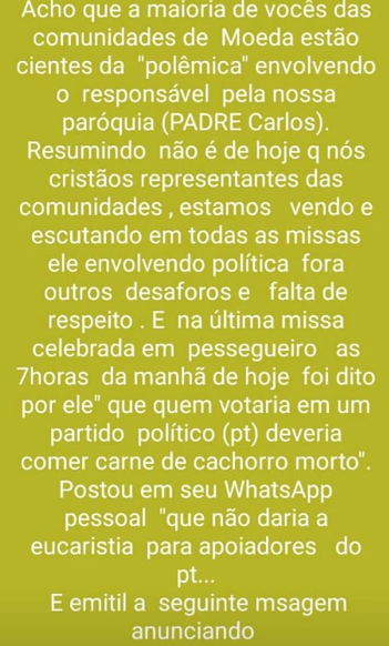 BISPO EM MOEDA ,INICIO : PE. CARLOS PÁROCO DE MOEDA, MG. CHEGOU  CAUSANDO CONFLITO COM AS COMUNIDADES .UM DOS MAIS GRAVES FOI NA COMUNIDADE DE OLARIA.  PROIBIU O GRUPO DE MOÇAMBIQUES NA FESTA DE NOSSA SENHORA DO ROSÁRIO. DISSE QUE ERA " COISA DE CANDOMBLÉ.