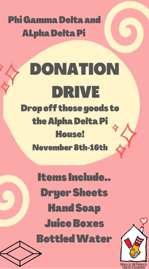Our virtual fall fundraiser is still going! If you would like to donate, contact/venmo any of our girls OR bring in any of the listed items to the ADPi house Nov. 8th-16th:) They go to RMHC💙❤️💛 If no one is home, please place items at the back door!