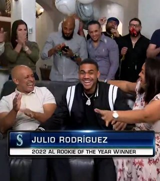 Screenshot of Julio smiling with his family and friends celebrating around him after being named 2022 AL Rookie of the Year.