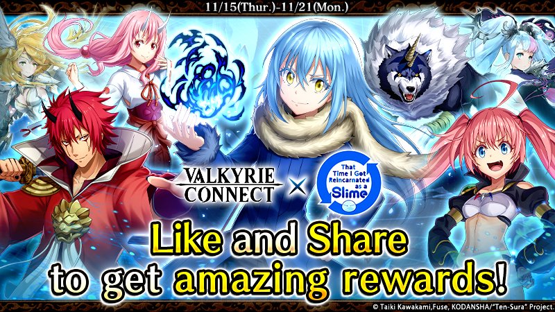 vconnect_en's tweet photo. 📢Valkyrie Connect x TenSura Collab Share Campaign! 📢

Like and Retweet this post for all players to get up to 1,000 Diamonds💎&amp; 1,000 Stamina🍖!
①Follow @vconnect_en
②Retweet &amp; Like this post
Until: 11/21 14:59 UTC

More here: https://t.co/2e21ZGVtIR
#ValkyrieConnect
#TenSura https://t.co/b9iEP1NYvL