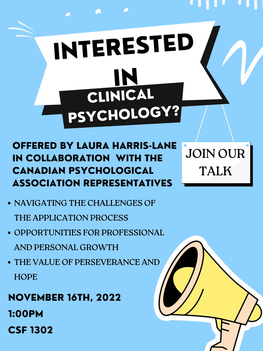 MUN_Psychology's tweet photo. Interested in clinical psychology? Don't miss this! Come hear from Laura Harris-Lane TOMORROW November 16 at 1pm in CSF 1302 about her experience applying to clinical psychology programs. 

This talk is being brought to you by your @CPA_SCP  student, campus, and faculty reps. https://t.co/iEjRWE36Qn