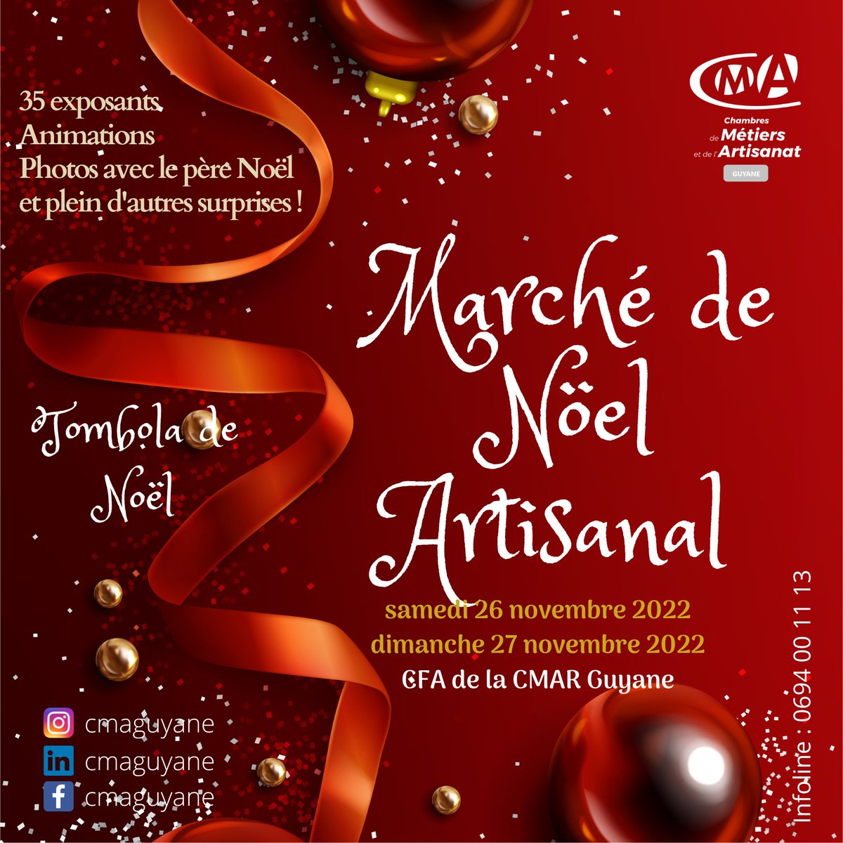 @CmaGuyane #TousAvecNosApprentis (@cmaguyane) on Twitter photo Les 26 et 27 novembre 2022, la <a href="/CmaGuyane/"><a href="/CmaGuyane/">@CmaGuyane #TousAvecNosApprentis</a> #TousAvecNosApprentis</a> vous donne RDV pour son traditionnel marché de Noël. + de 35 exposants vous attendent ! Animations, jeux, tombola, photo avec le père noël, etc... On vous attend, de 10h à 21h au CFA de la @CmaGuyane au 41 de la zone Galmot à Cayenne Les 26 et 27 novembre 2022, la <a href="/CmaGuyane/"><a href="/CmaGuyane/">@CmaGuyane #TousAvecNosApprentis</a> #TousAvecNosApprentis</a> vous donne RDV pour son traditionnel marché de Noël. + de 35 exposants vous attendent ! Animations, jeux, tombola, photo avec le père noël, etc... On vous attend, de 10h à 21h au CFA de la @CmaGuyane au 41 de la zone Galmot à Cayenne