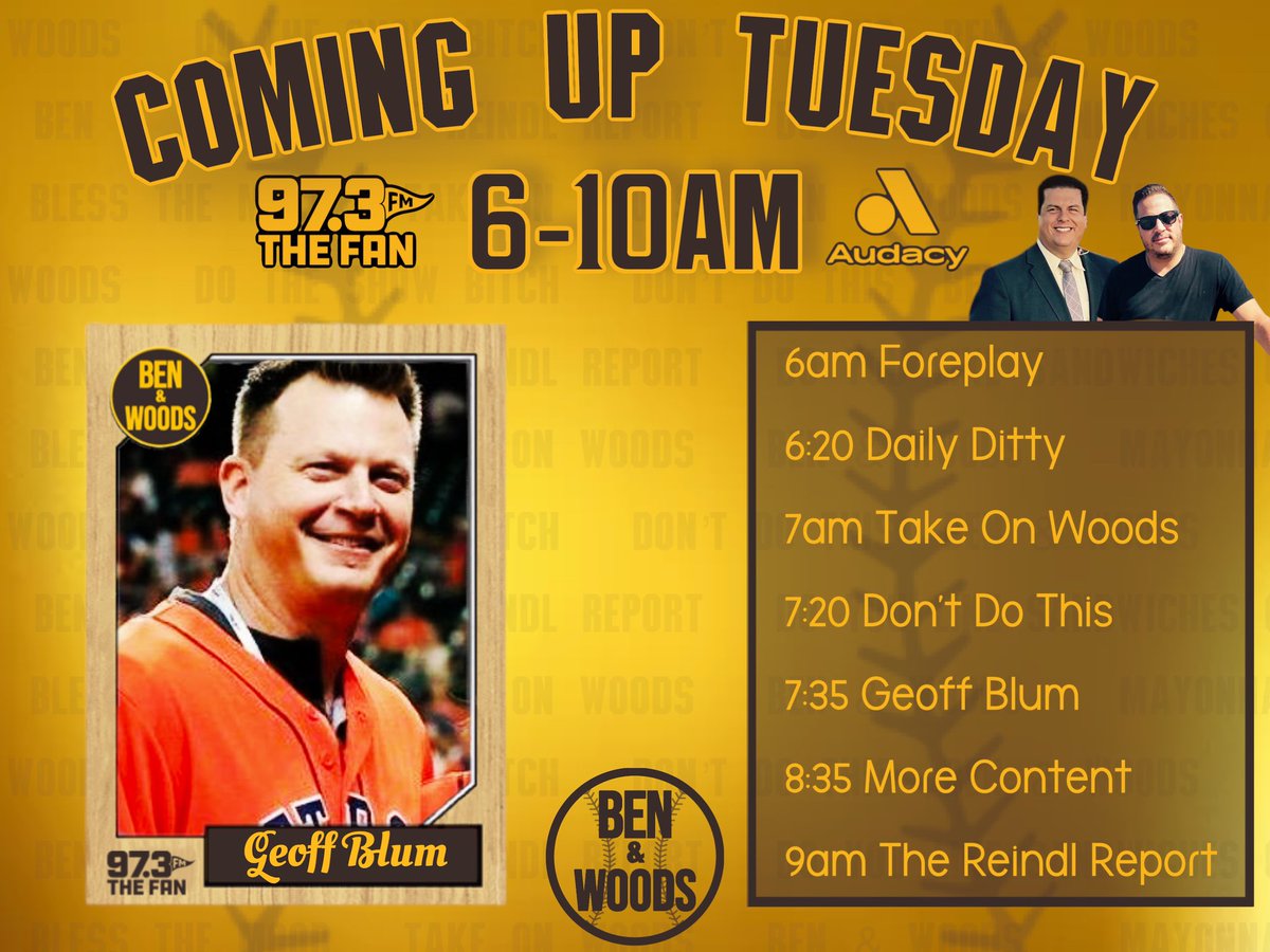 Coming up on Tuesday! 

Looking forward to catching up with our buddy <a href="/blummer27/">Blummer Bock</a> fresh off a World Series celebration! Blummer joins us at 7:35am! 

Foreplay starts at 6am on <a href="/973TheFanSD/">97.3 The Fan</a> 💛