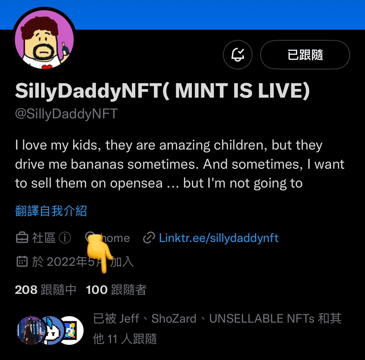 SillyDaddyNFT's tweet photo. Finally hit 100 followers! 
How slow this process was😭
Thank you guys for following me on Twitter. and for all of your love and support💕
#NFTCommunity 
#NFTs https://t.co/wEr8SIYtGj