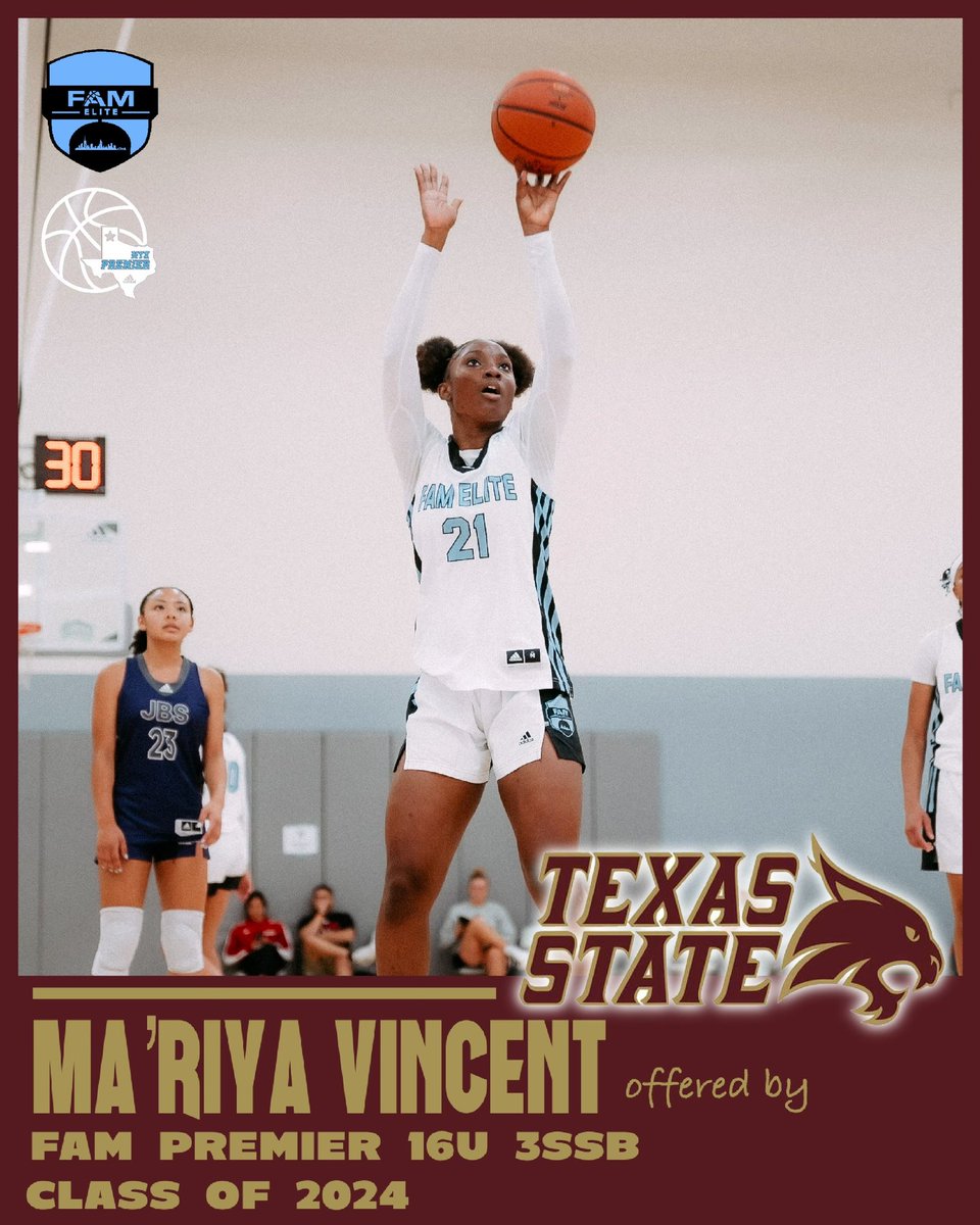 FAMhoopsGbb's tweet photo. 2024 MaβRiya Vincent (@MaRiyaonFire) earns an offer from Texas State University! @TXStateWBB @Coach_Z_Antoine
Congrats FAM! ππ₯
#LadyFAMelite π€ @WTXPremierhoops
#FAMPremier3SSB / / / @LawrencePaye @nnekaogwumike https://t.co/byKxAVfnqS