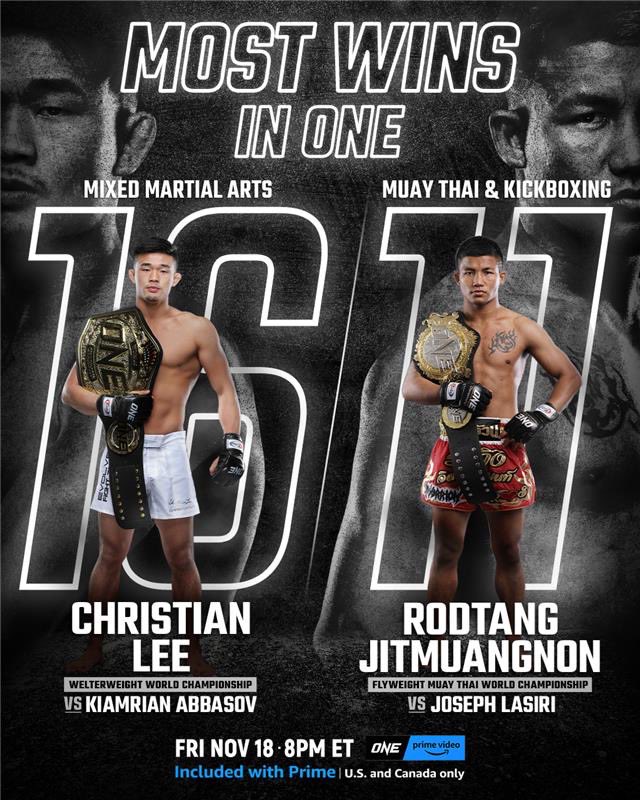 ONEChampionship's tweet photo. Absolute DOMINANCE from these two warriors 🤯

@ChristianLeeMMA steps up to challenge welterweight king Kiamrian Abbasov, and Rodtang Jitmuangnon defends the flyweight Muay Thai throne against Joesph Lasiri THIS FRIDAY at ONE on Prime Video 4! 🏆 https://t.co/xT77vM7nLX