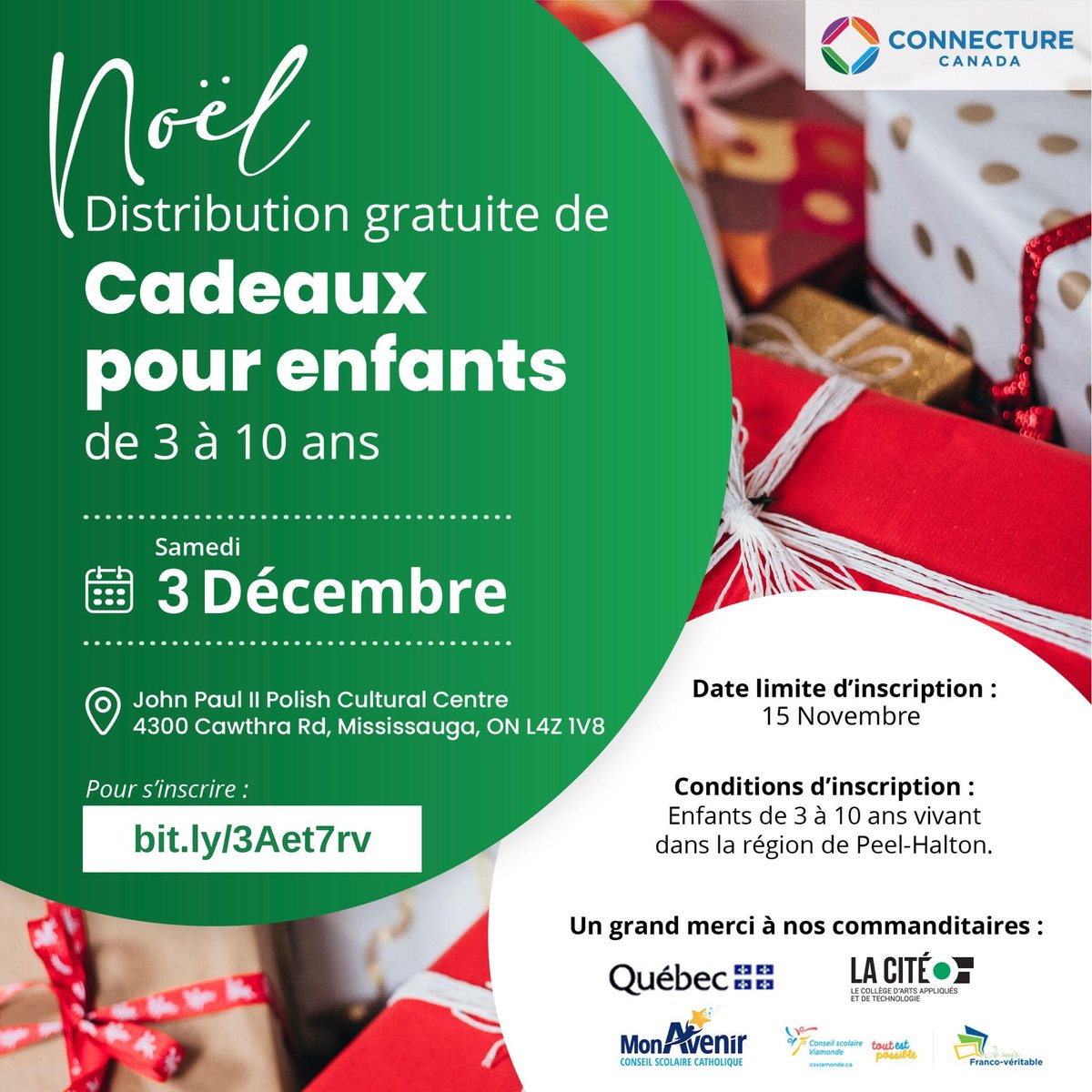EECSJB's tweet image. 🎁@ConnectureCan vous invite à sa distribution de cadeaux pour enfants le samedi 3 décembre à Mississauga.🎁 Inscrivez-vous vite : mailchi.mp/connecture/ikw…