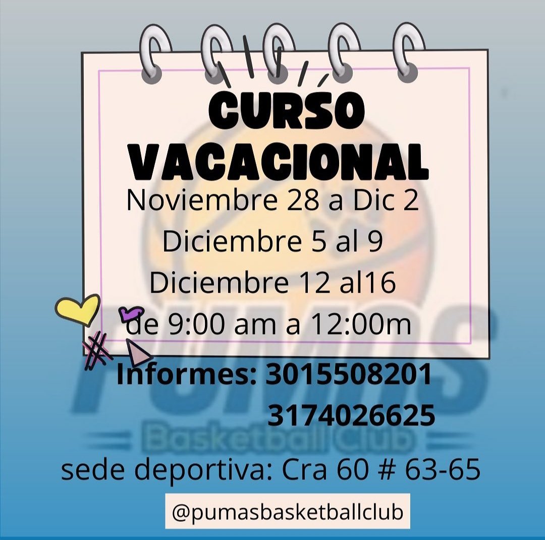 pumasbasket's tweet photo. Y llegan las vacaciones!
Aprovechemos nuestro tiempo haciendo basket y mejorando nuestras habilidades individuales.
Directora: Yenny Pinilla #damadelbaloncesto #venydiviertete https://t.co/UyiYo1mPY5