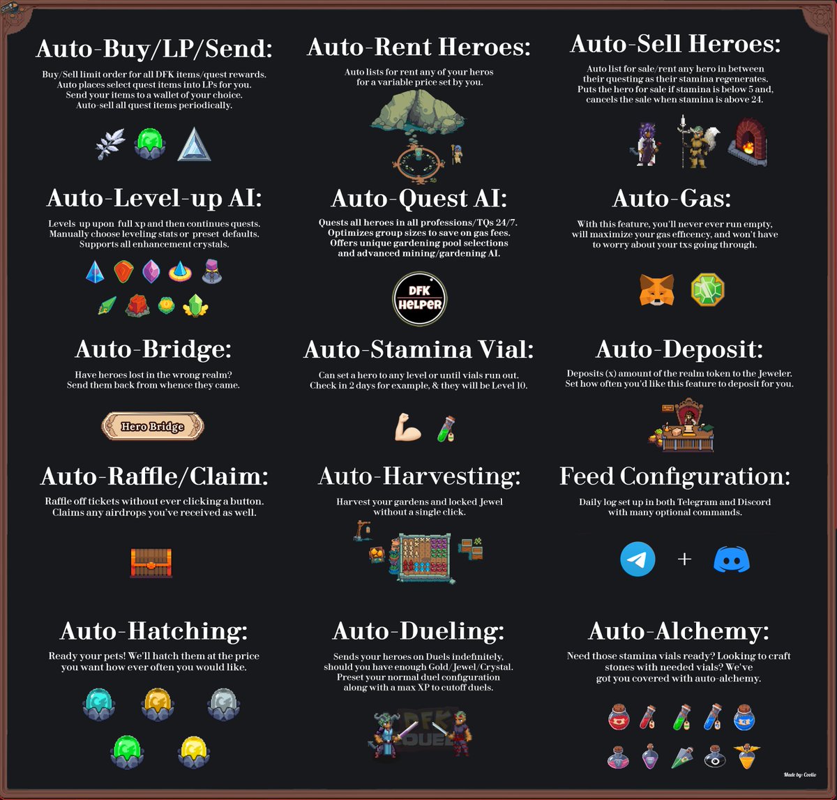 DFK_Helper's tweet photo. HEY DFK! Get ready for Serendale 2.0 with our automated trading. Simply put the in-game item you want to trade, the amount, and the limit you want to set. That's all there is to it! https://t.co/QLevfHs9jf https://t.co/O1j7xOoJYW